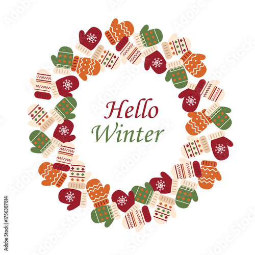Christmas wreath decorated with mittens, hello winter