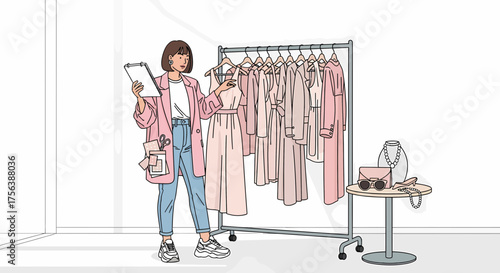 Fashion Designer Styling Clothes On Rack In Studio Atelier Concept
