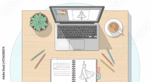 Fashion Designer Workplace With Dress Sketch, Laptop And Coffee
