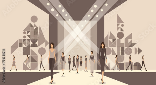 Fashion Show Featuring Models On A Catwalk In Geometric Setting