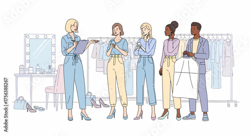 Fashion Stylist At Work With Models And Clothes Rack In Studio