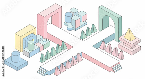 Isometric View Of Minimalist Architectural Structures With Pastel Colors