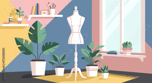 Interior Design With Mannequin And Plants In Sunny Modern Room