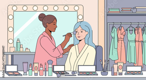 Makeup Artist Applying Cosmetic on Client in Dressing Room