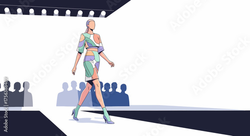 Stylish Model Showcasing Designer Fashion on Runway, Fashion Show Illustration