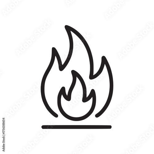 A minimalist line drawing of a flame with a horizontal line at the bottom on a white background