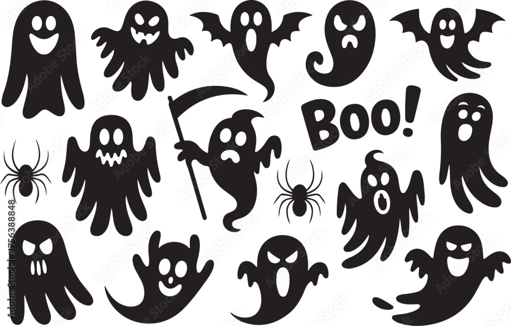 Naklejka premium Halloween Witch, Ghost, Skeleton and Pumpkin Silhouette Vector Illustration