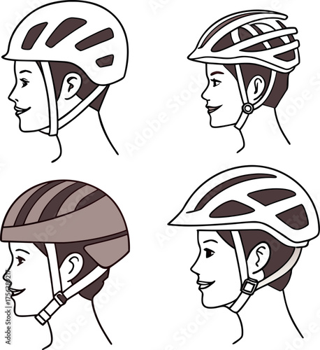 Cycling Safety Ensemble: Outlines showcasing the various styles of head protection for cyclists.