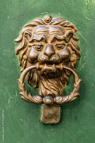 Bild auf Leinwand Lion door knocker  representing  power, authority, security, strength and pride,