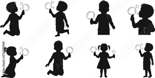 Children blowing bubbles silhouettes, playful outdoor activity, childhood fun, kids playing, bubble wand, joyful moments, carefree lifestyle
