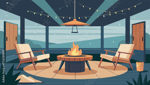A cozy outdoor patio with a mix of industrial and natural elements such as a metal fire pit wooden Adirondack chairs and string lights draped between steel beams.