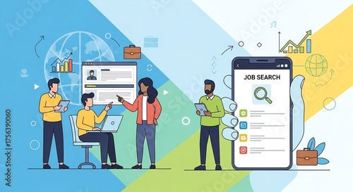 People using laptops and smartphones for online job search, symbolizing teamwork, recruitment, and digital employment in a modern office environment.