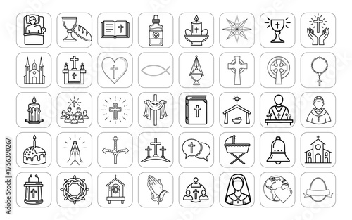 Christianity Line Icon Set | Religion, Church, Bible, Cross, Faith & Worship Vector Icons