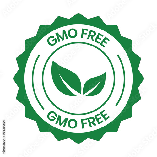 GMO free label. GMO free icon vector seal green stamp graphic for food product label sticker, idea of organic natural healthy eco meal badge emblem, genetically non modified certified symbol clipart.