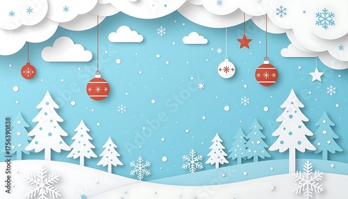 Christmas winter landscape background with trees snowflakes and ornaments vector illustration