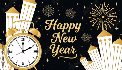 Happy new year gold clock fireworks background vector illustration design for holiday greeting card 2024