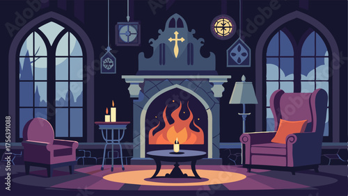 A cozy sitting area with a fireplace gothicinspired wallpaper and a mix of modern and antique furniture.