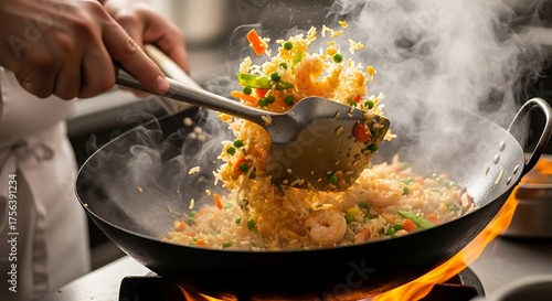 Fototapeta Naklejka Na Ścianę i Meble -  Chef cooking fried rice with shrimp in a wok over an open flame, creating a flavorful and aromatic dish with vegetables and steam