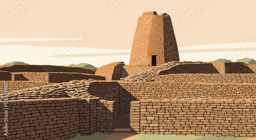 Ancient Bricks Fortress With Tower Building In Desert Landscape