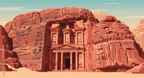 Ancient Petra In Jordan Carved Into Sandstone Cliffs Vector Illustration
