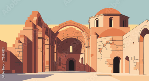Ancient Ruins Illustration With Arches And Dome In Desert Landscape