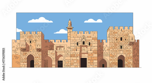 Architectural View Of Jerusalem Old City Walls And Blue Sky
