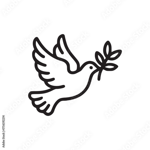 A simple black line drawing of a dove in flight carrying an olive branch on a white background