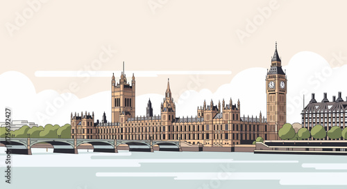 London Skyline With Westminster Palace And Big Ben Tower Illustration