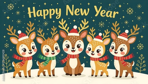 Happy new year card with cute reindeer illustration holiday season winter wonderland festive celebration graphics