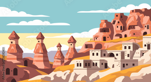 Magical Cappadocia Landscape With Ancient Rock Formations And Houses