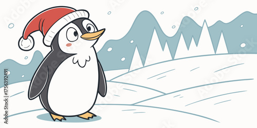 Penguin Wearing a Santa Hat Cute Christmas Flat Vector Illustration
