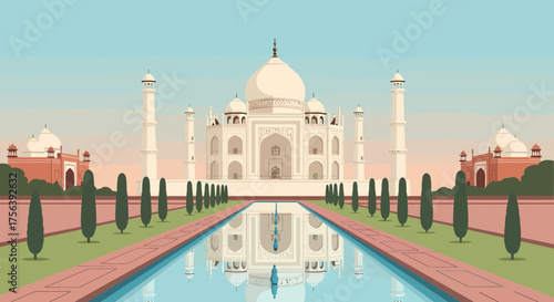 Majestic Taj Mahal Reflecting In Water On A Bright Day Illustration