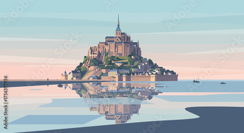 Mont Saint Michel In Pastel Colors With Calm Ocean Reflection