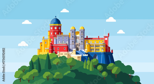 Pena Palace In Sintra Portugal With Trees And Blue Sky View