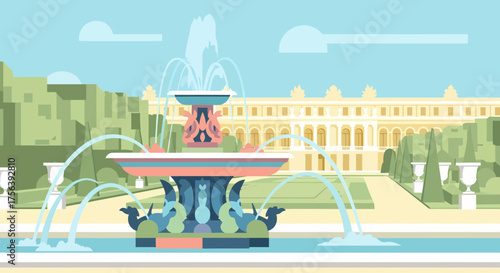 Scenic View Of A Palace And Fountain In A Beautiful Garden