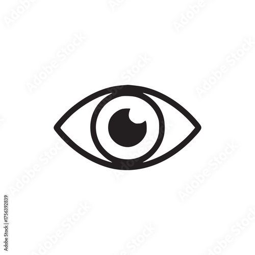 A simple black and white eye icon with a pupil and iris on a plain white background illustration art