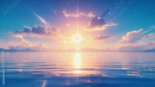 Beautiful sunrise over the ocean with stars and shooting stars