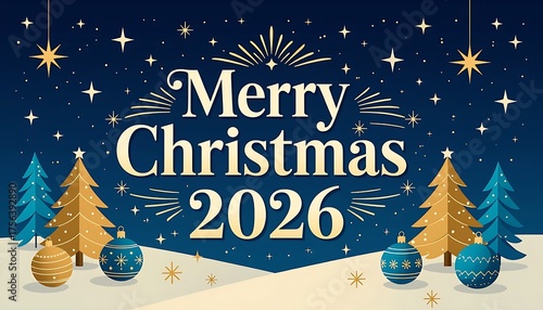 Merry christmas 2026 holiday season greeting card background with christmas trees and ornaments celebration