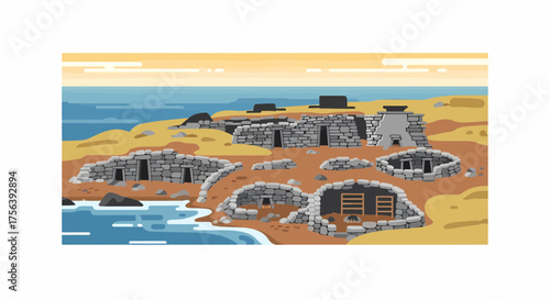 Skara Brae, Neolithic Settlement, Isolated on White Background