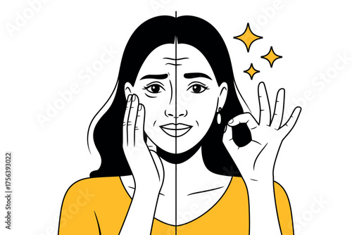 Vector art of woman showing before and after results of antiaging treatment isolated on white