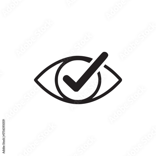 A minimalist illustration of an eye with a check mark inside the pupil on a white background space