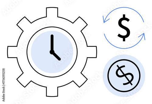 Gear with clock at center and dollar symbols alongside, showcasing workflow, time value, and finance. Ideal for business, efficiency, productivity, strategy, planning management profitability