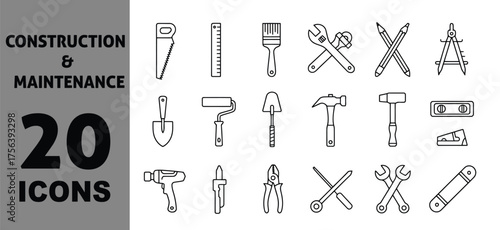 Collection of 20 outline construction and maintenance tools icons scalable vector graphics