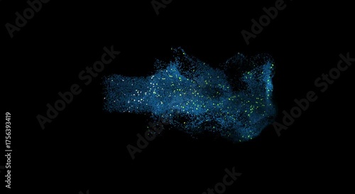 abstract blue and green particles on a black background. It appears to be a form of computer-generated art or a stock video clip. The particles are arranged in a cloud-like shape, with some appearing 