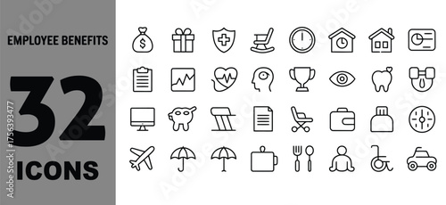 Collection of 32 diverse outline icons for business finance health and travel concepts