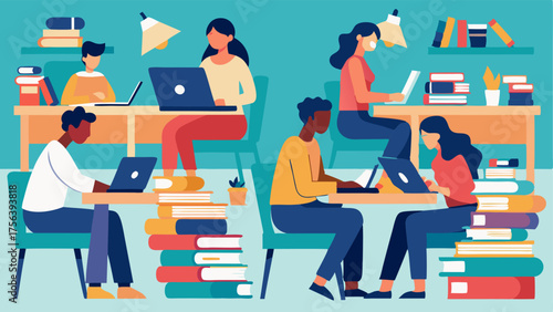 A bustling study area with students typing away on laptops and stacks of books spread out on tables.