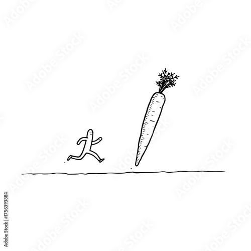 Cartoon illustration of a stick figure running away from a giant carrot sketch drawing vector image art