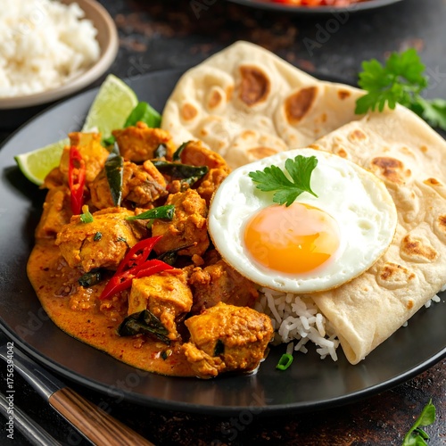Appetizing plate of chicken curry, rice, naan, and a fried egg