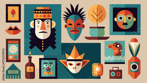A collection of eclectic artwork including abstract paintings vintage posters and tribal masks.