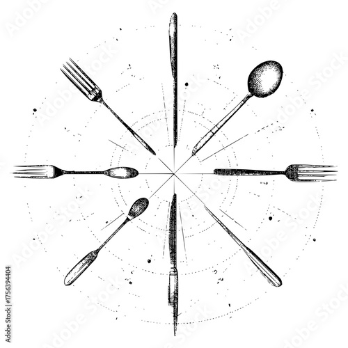 Vintage silverware flatware antique cutlery design illustration forks spoons knives kitchenware restaurant art 100